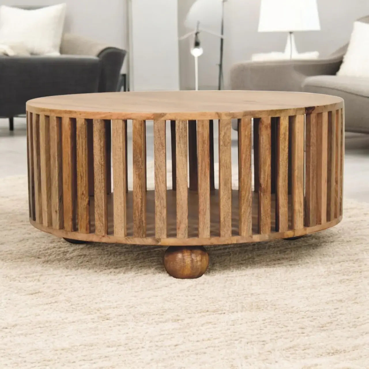 Slatted Round Oak-ish Coffee Table - Artisan Furniture - Flyclothing LLC