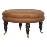 Brown Buffalo Leather Round Ottoman with Castor Legs - Artisan Furniture - Flyclothing LLC