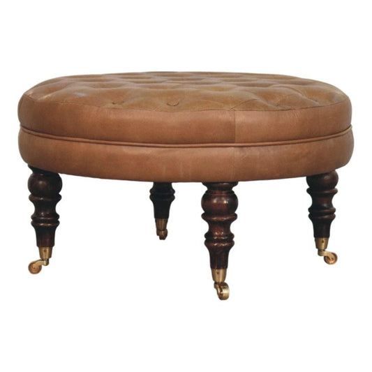Brown Buffalo Leather Round Ottoman with Castor Legs - Artisan Furniture - Flyclothing LLC