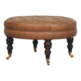 Brown Buffalo Leather Round Ottoman with Castor Legs - Artisan Furniture - Flyclothing LLC