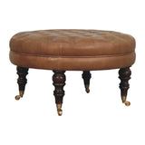 Brown Buffalo Leather Round Ottoman with Castor Legs - Artisan Furniture - Flyclothing LLC