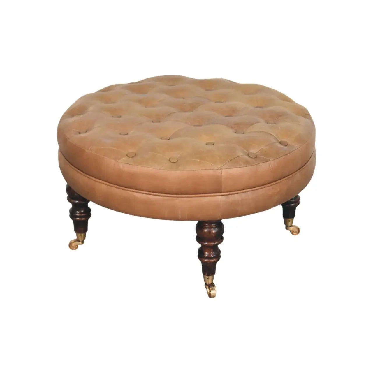 Brown Buffalo Leather Round Ottoman with Castor Legs - Artisan Furniture - Flyclothing LLC
