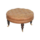 Brown Buffalo Leather Round Ottoman with Castor Legs - Artisan Furniture - Flyclothing LLC