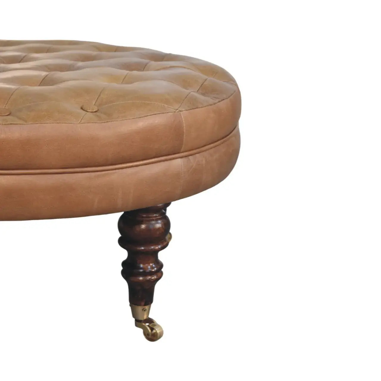 Brown Buffalo Leather Round Ottoman with Castor Legs - Artisan Furniture - Flyclothing LLC