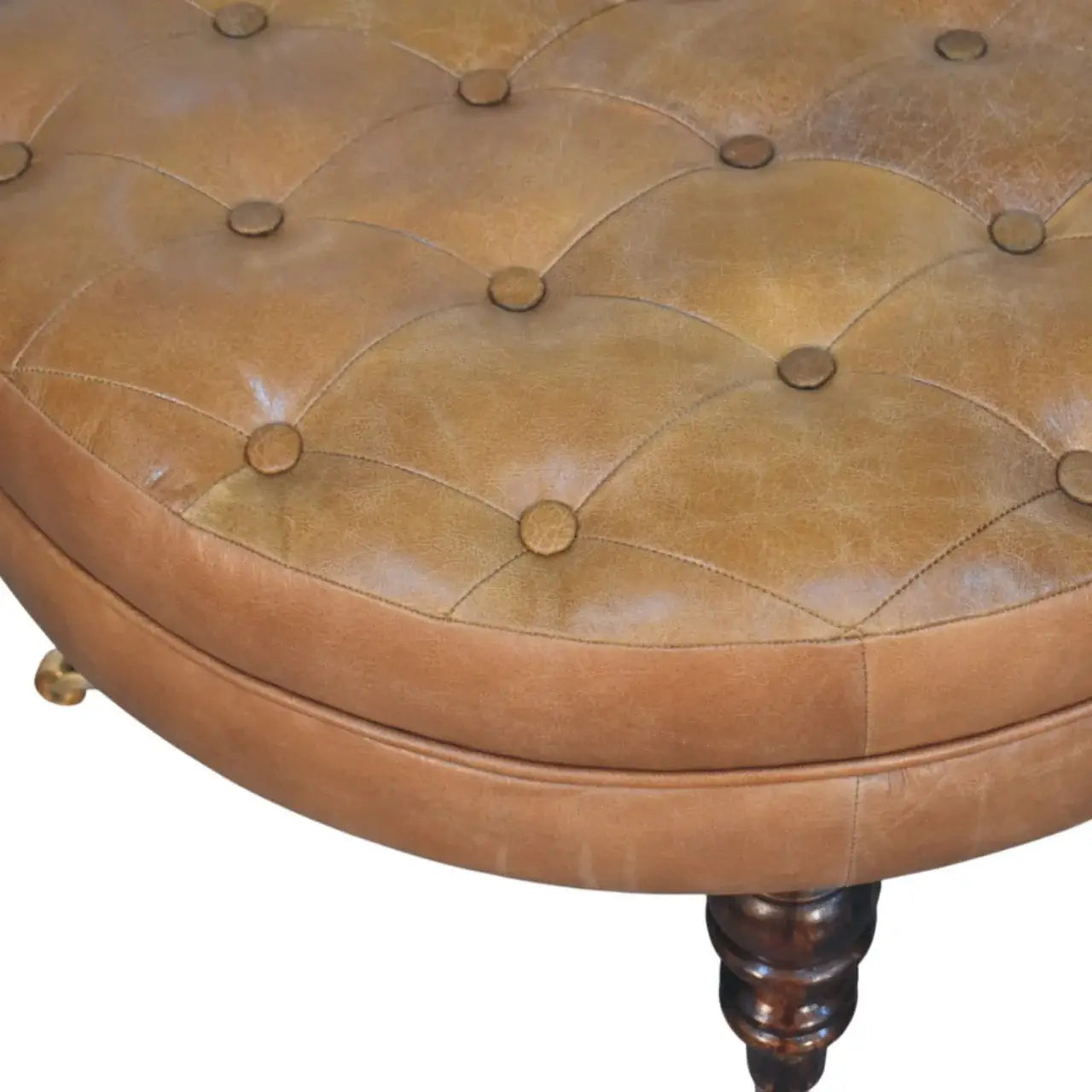 Brown Buffalo Leather Round Ottoman with Castor Legs - Artisan Furniture - Flyclothing LLC