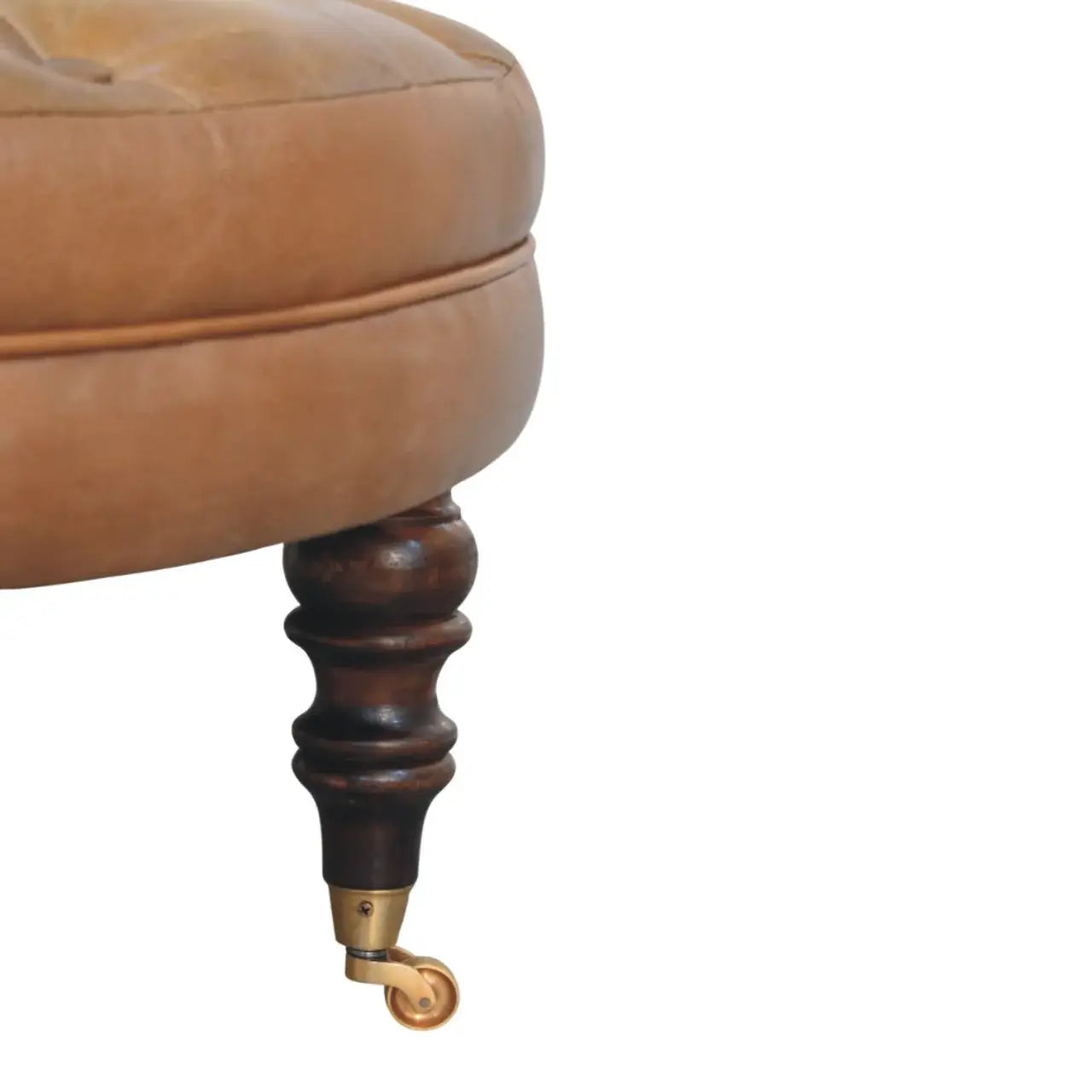 Brown Buffalo Leather Round Ottoman with Castor Legs - Artisan Furniture - Flyclothing LLC