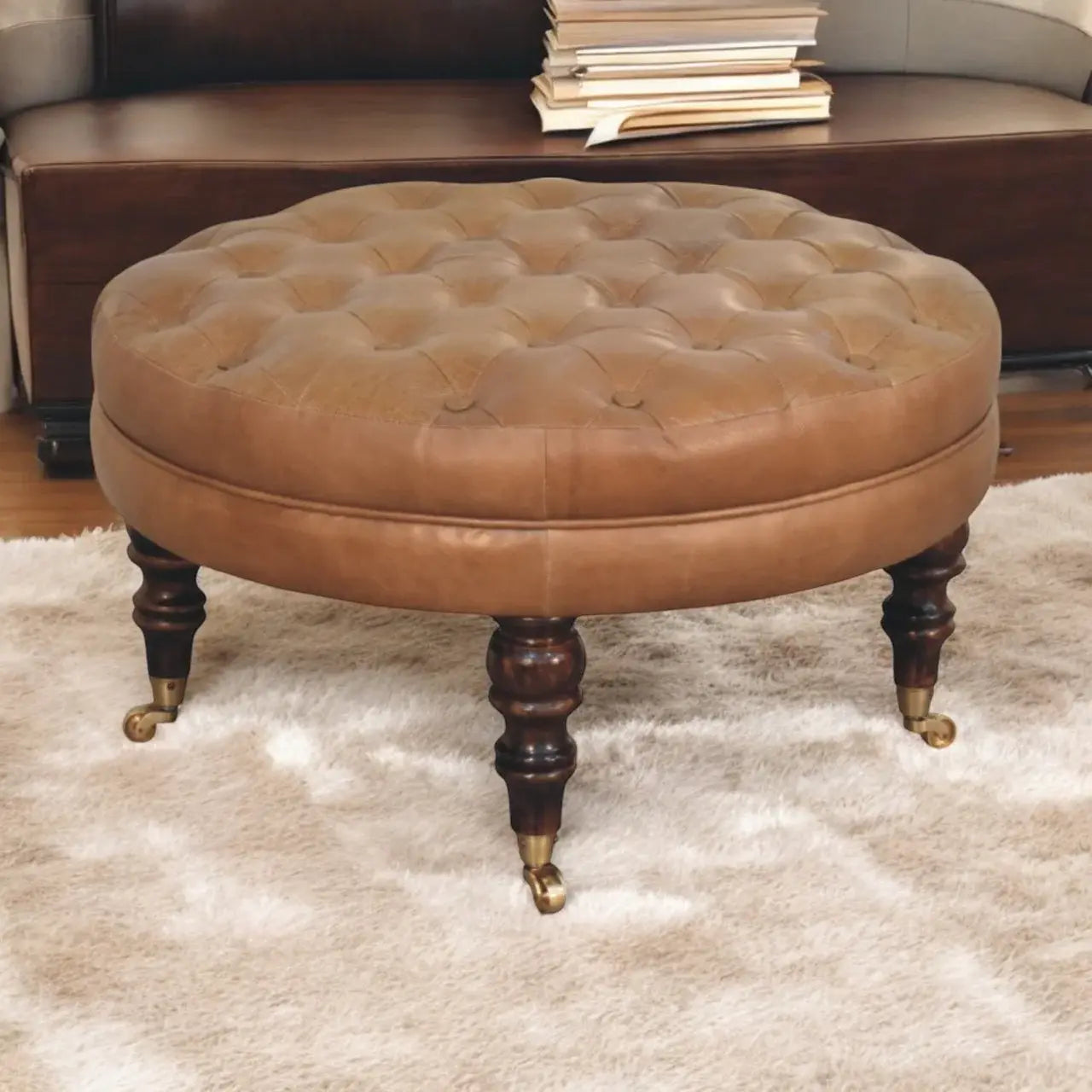 Brown Buffalo Leather Round Ottoman with Castor Legs - Artisan Furniture - Flyclothing LLC
