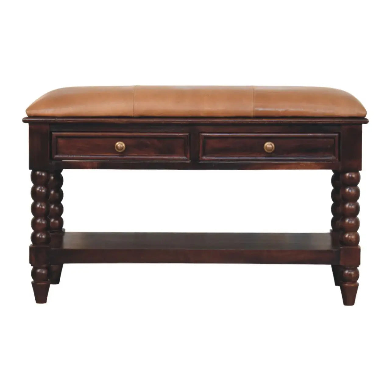 Spindle Winewood Leather Bench - Artisan Furniture - Flyclothing LLC