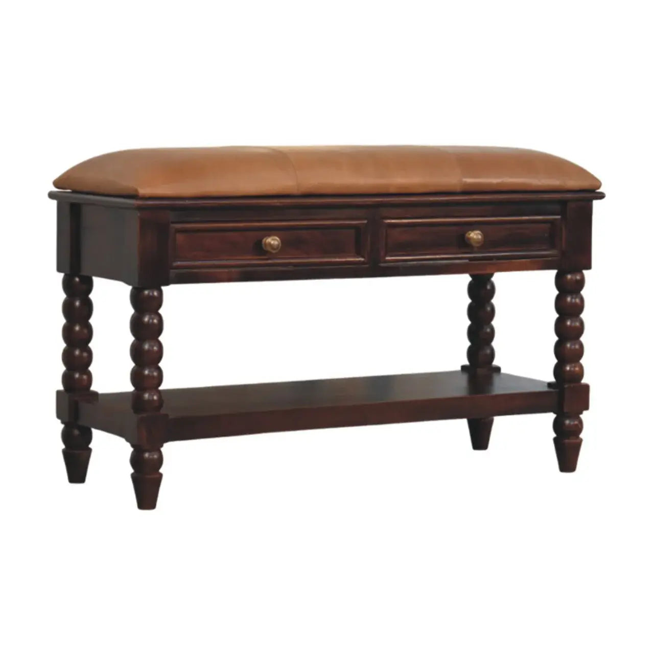 Spindle Winewood Leather Bench - Artisan Furniture - Flyclothing LLC