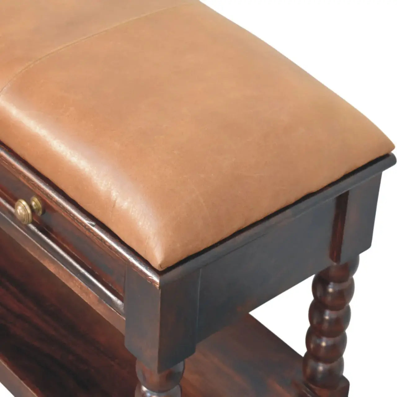 Spindle Winewood Leather Bench - Artisan Furniture - Flyclothing LLC