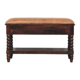 Spindle Winewood Leather Bench - Artisan Furniture - Flyclothing LLC