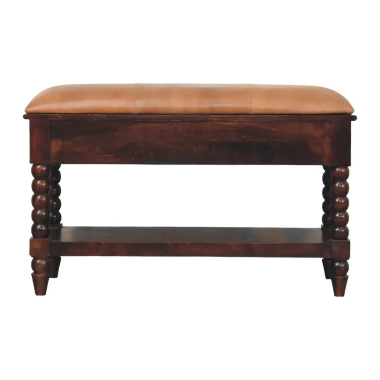 Spindle Winewood Leather Bench - Artisan Furniture - Flyclothing LLC