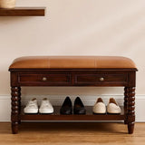 Spindle Winewood Leather Bench - Artisan Furniture - Flyclothing LLC