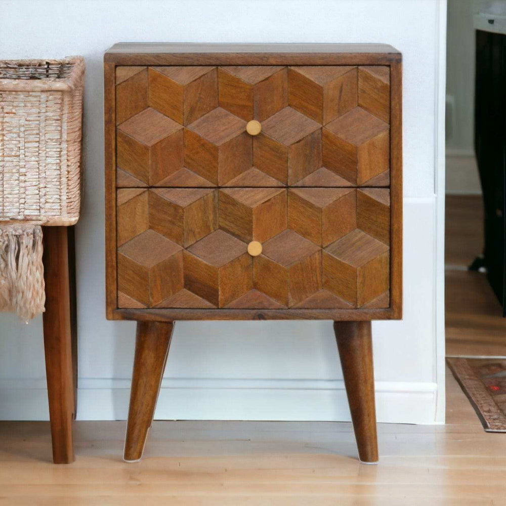 Chestnut Cube Carved Bedside - Artisan Furniture - Flyclothing LLC
