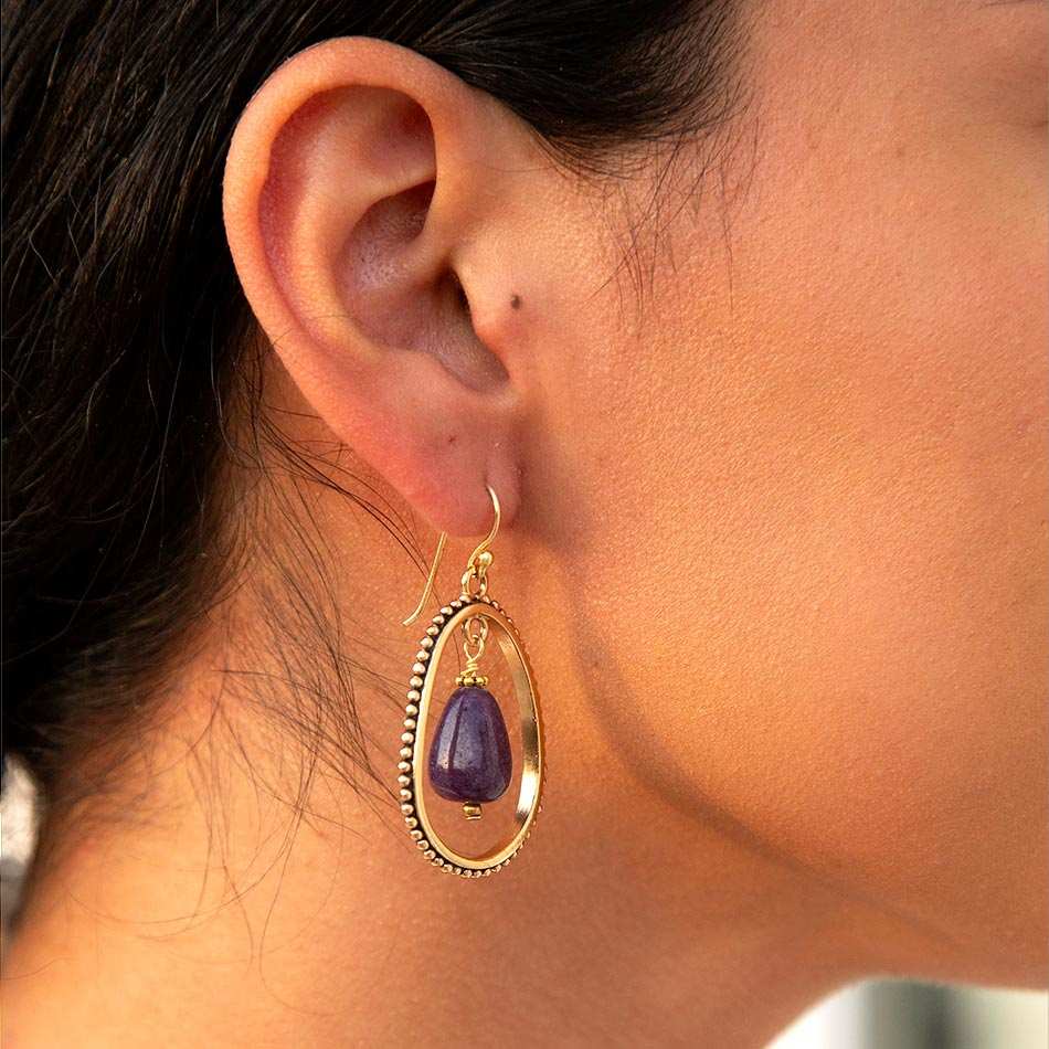 Inline Purple Jade Drop Golden Earrings - Barse Jewelry - Flyclothing LLC
