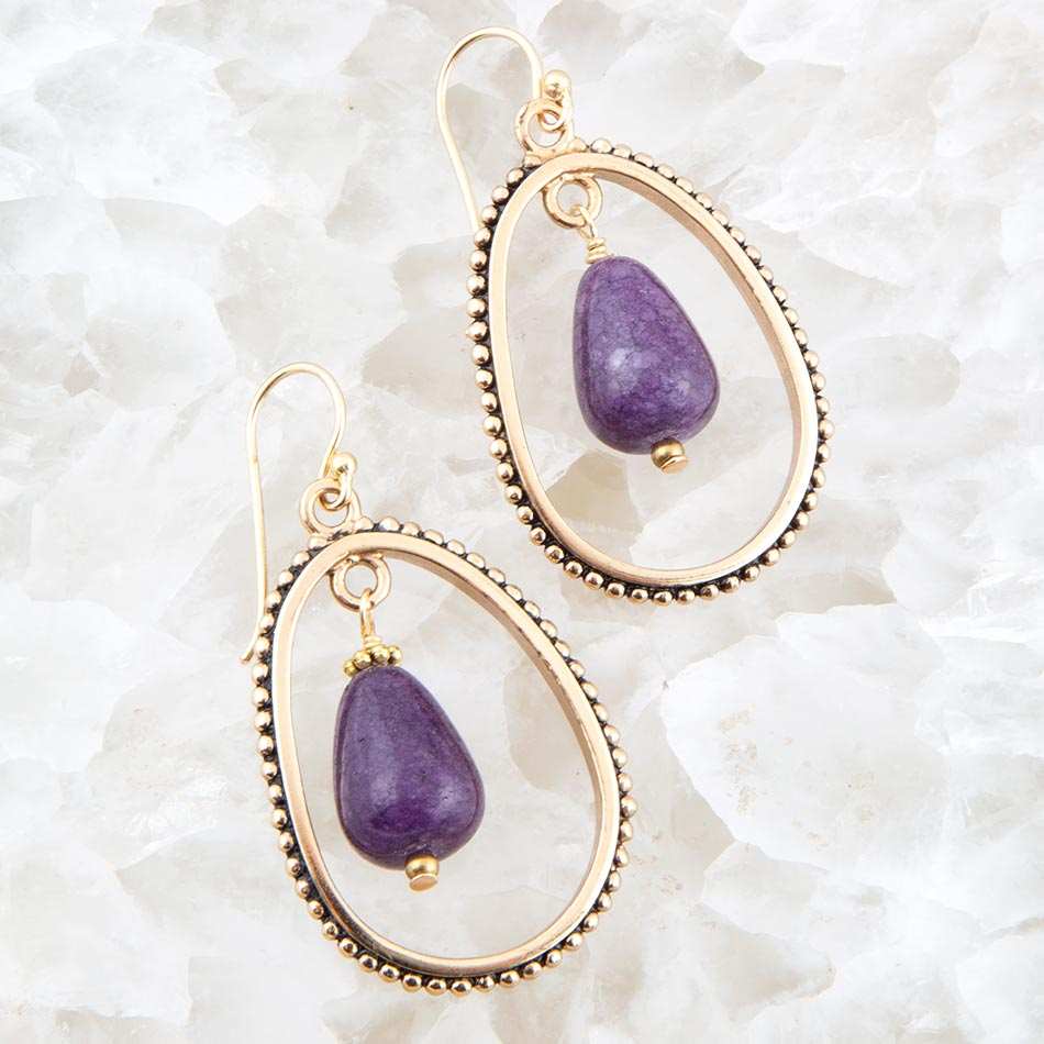 Inline Purple Jade Drop Golden Earrings - Barse Jewelry - Flyclothing LLC