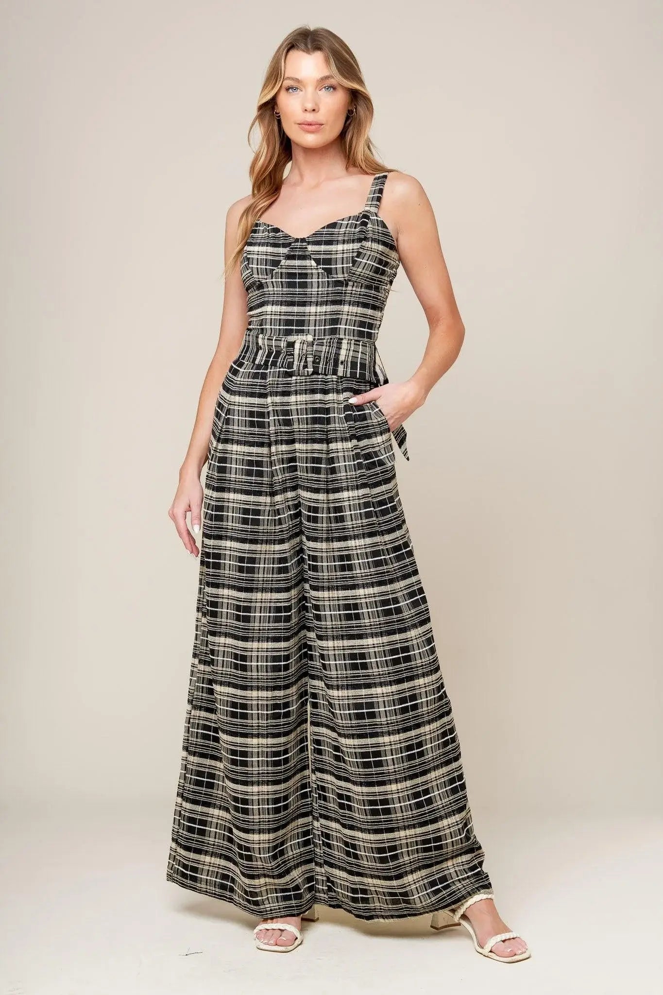 SAND DUNE WOVEN PLAID JUMPSUIT - Flying Tomato - Flyclothing LLC