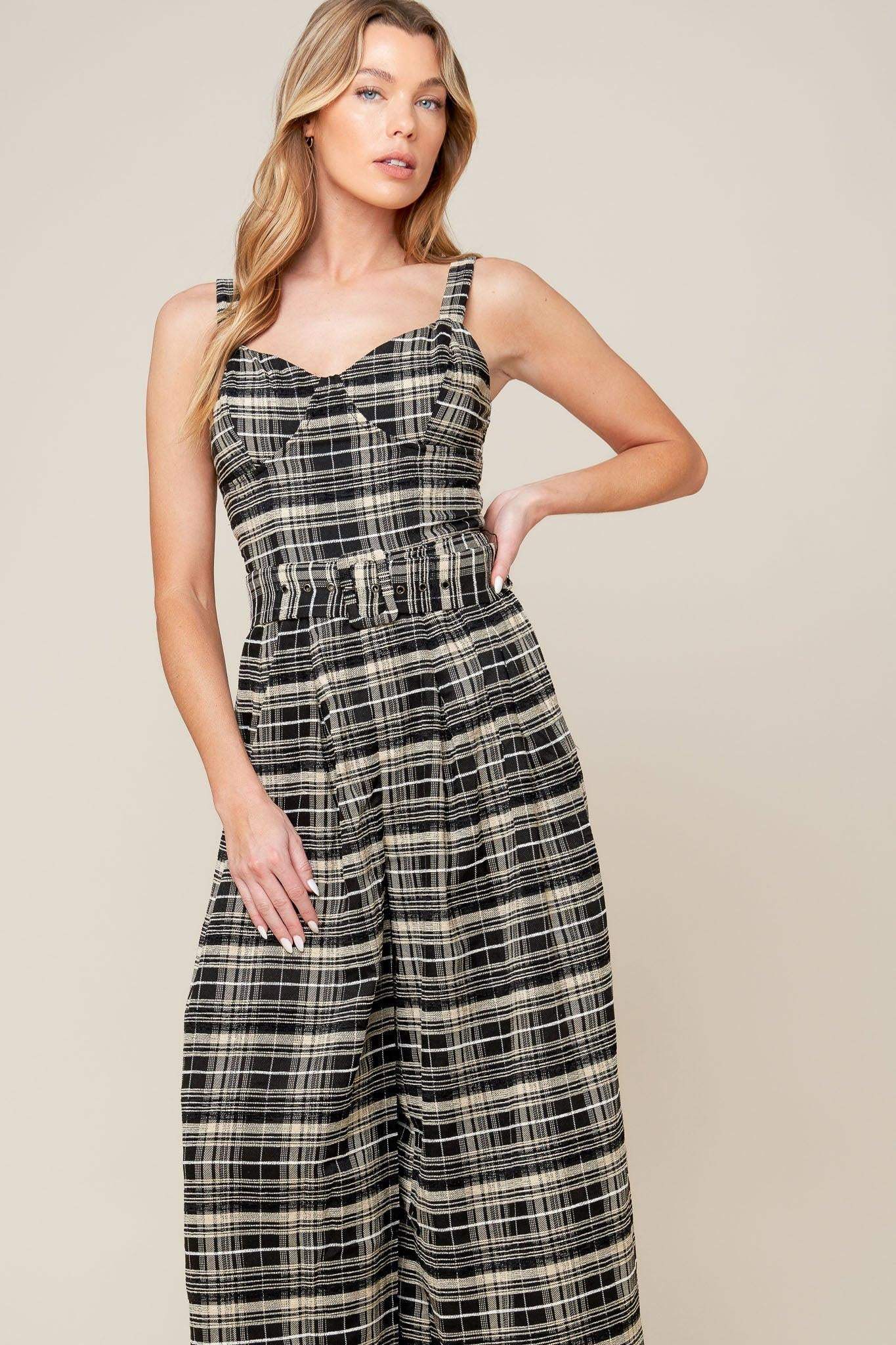 SAND DUNE WOVEN PLAID JUMPSUIT - Flying Tomato - Flyclothing LLC