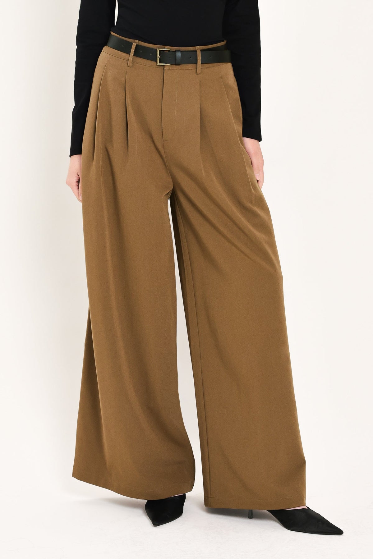 CITY CINCH BLACK/BROWN BELTED WIDE-LEG PANTS - Flying Tomato - Flyclothing LLC