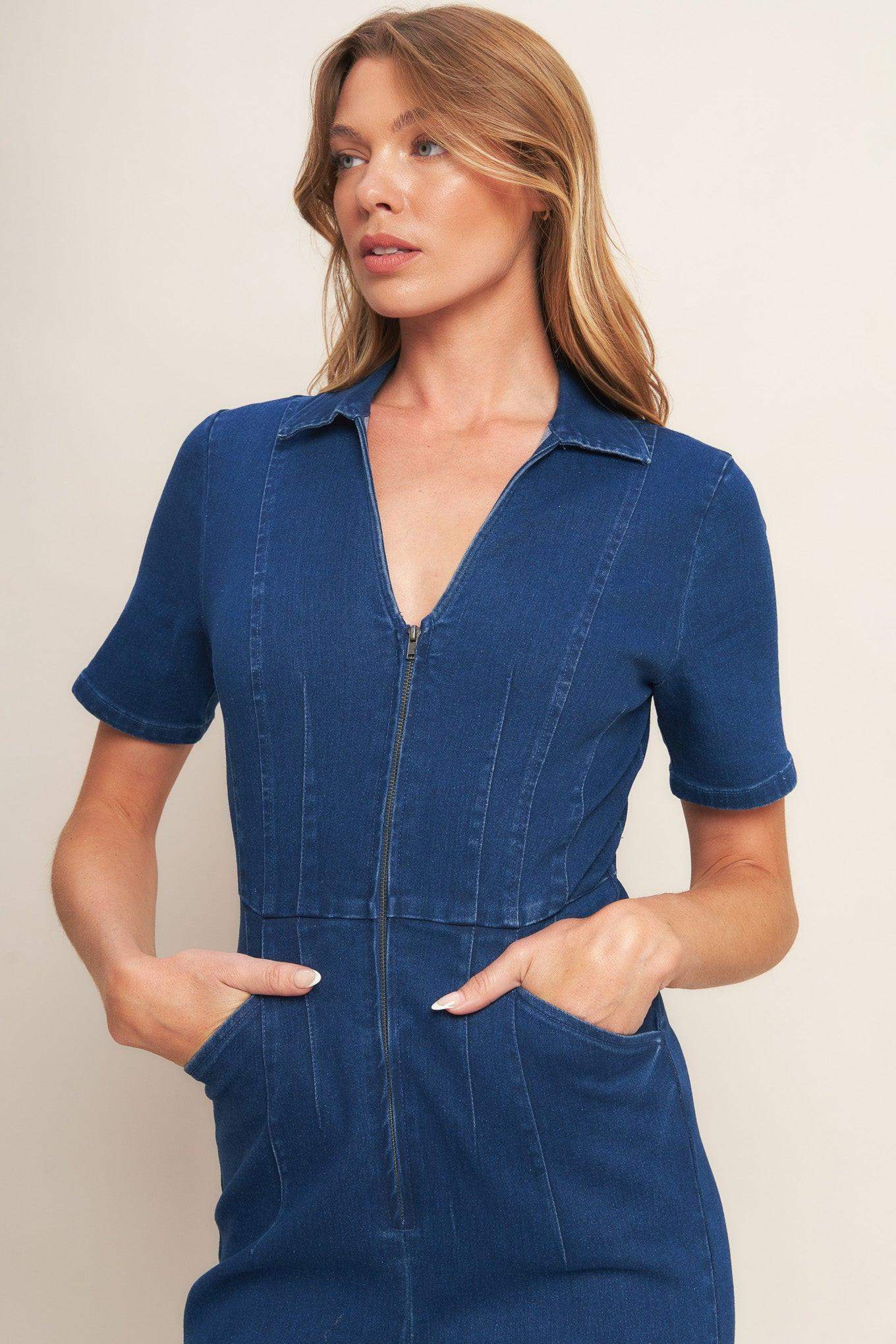 SHY GIRL MEDIUM INDIGO DENIM JUMPSUIT - Flying Tomato - Flyclothing LLC