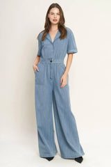 QUIET LUXURY LIGHTWEIGHT DENIM JUMPSUIT - Flying Tomato - Flyclothing LLC