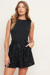 TWINKLE CHIC BLACK TOP AND SEQUIN SHORT ROMPER - Flying Tomato - Flyclothing LLC