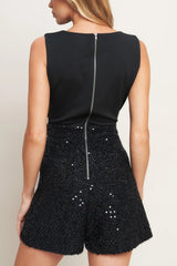 TWINKLE CHIC BLACK TOP AND SEQUIN SHORT ROMPER - Flying Tomato - Flyclothing LLC