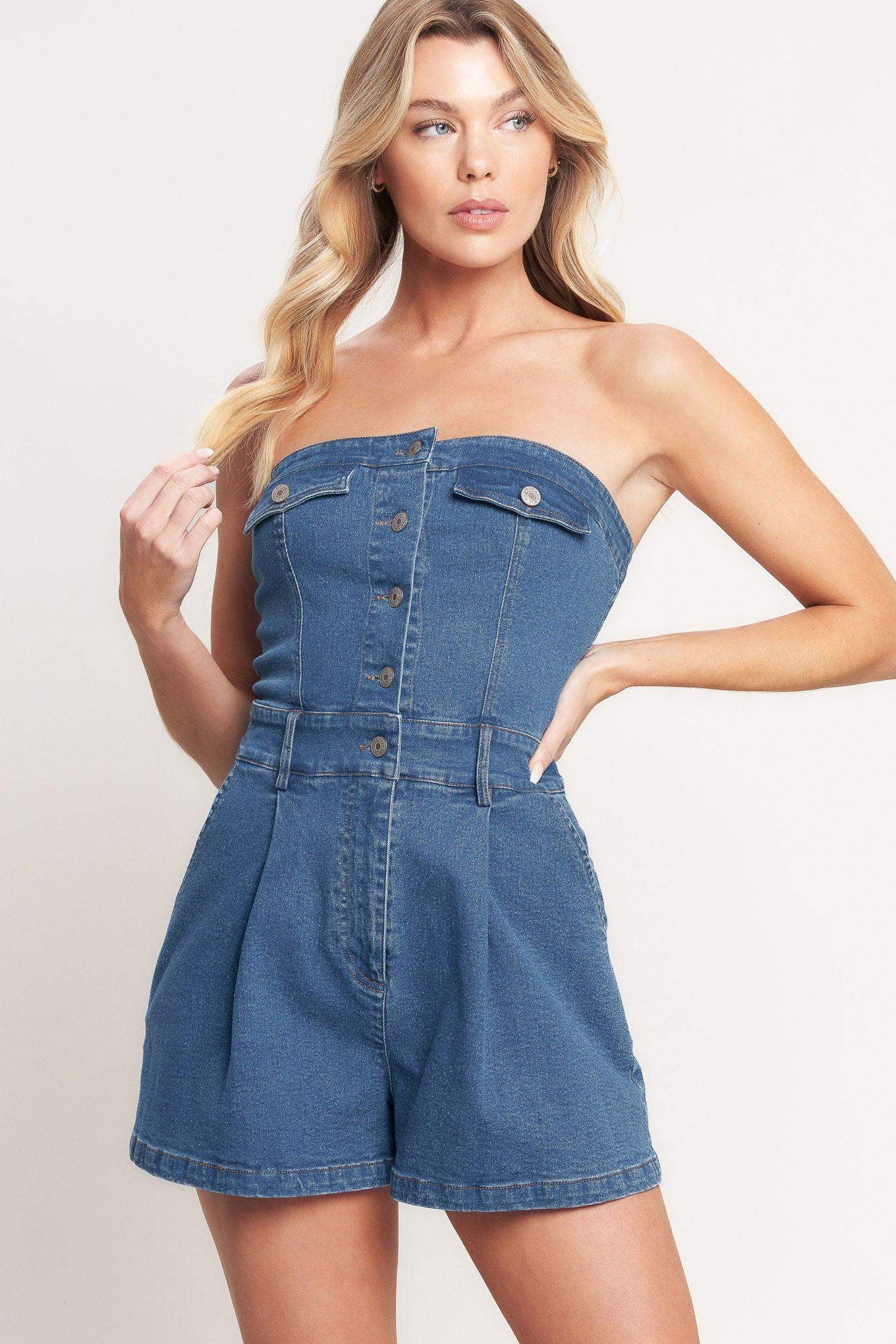 WEEKEND CRUSH DENIM ROMPER - Flying Tomato - Flyclothing LLC