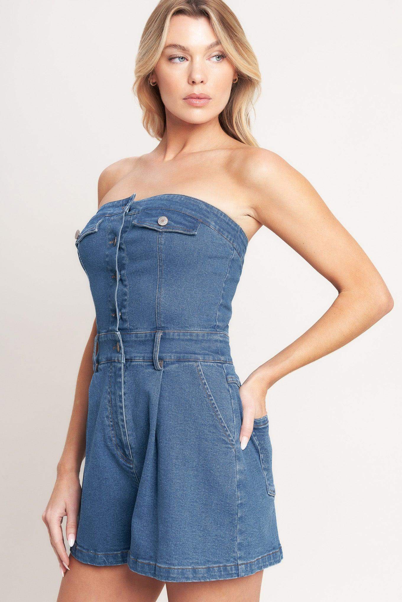 WEEKEND CRUSH DENIM ROMPER - Flying Tomato - Flyclothing LLC