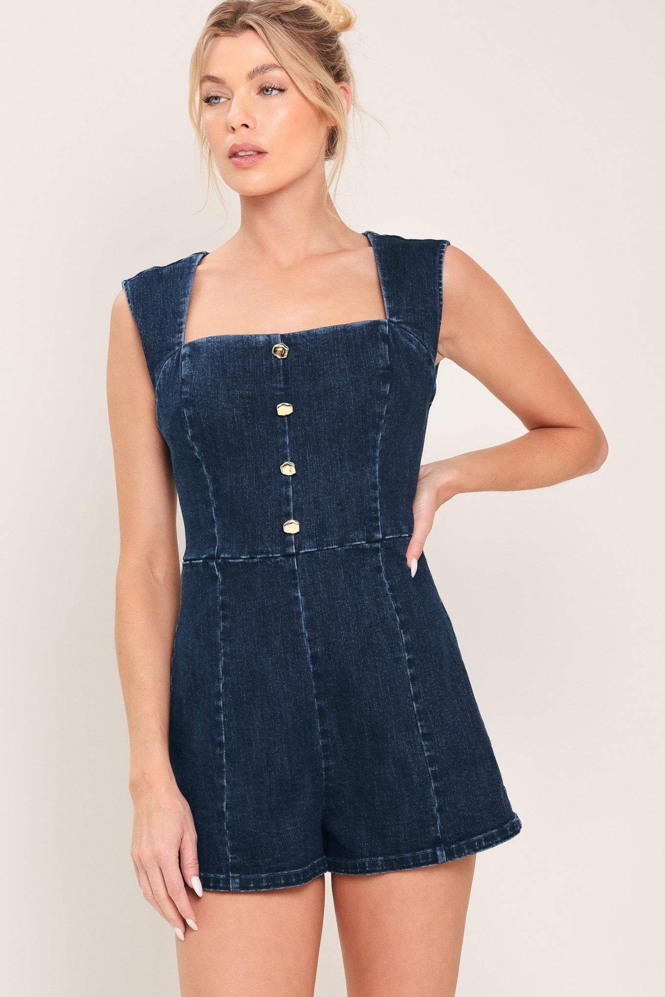 DARK WASH ICON DENIM ROMPER - Flying Tomato - Flyclothing LLC