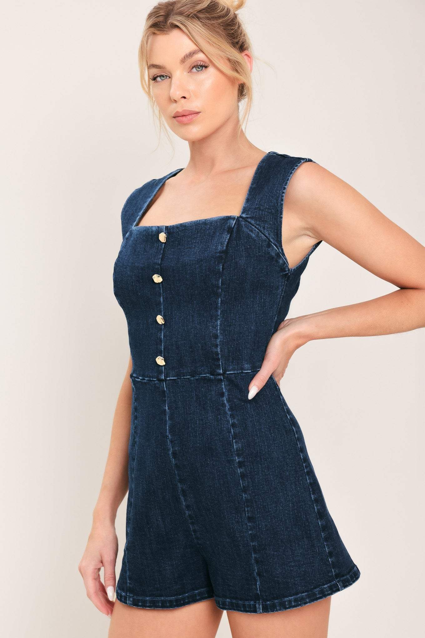 DARK WASH ICON DENIM ROMPER - Flying Tomato - Flyclothing LLC