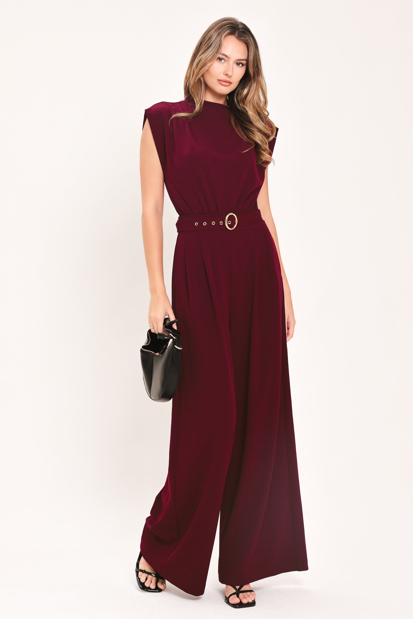 DARK CHERRY COLUMN WOVEN JUMPSUIT