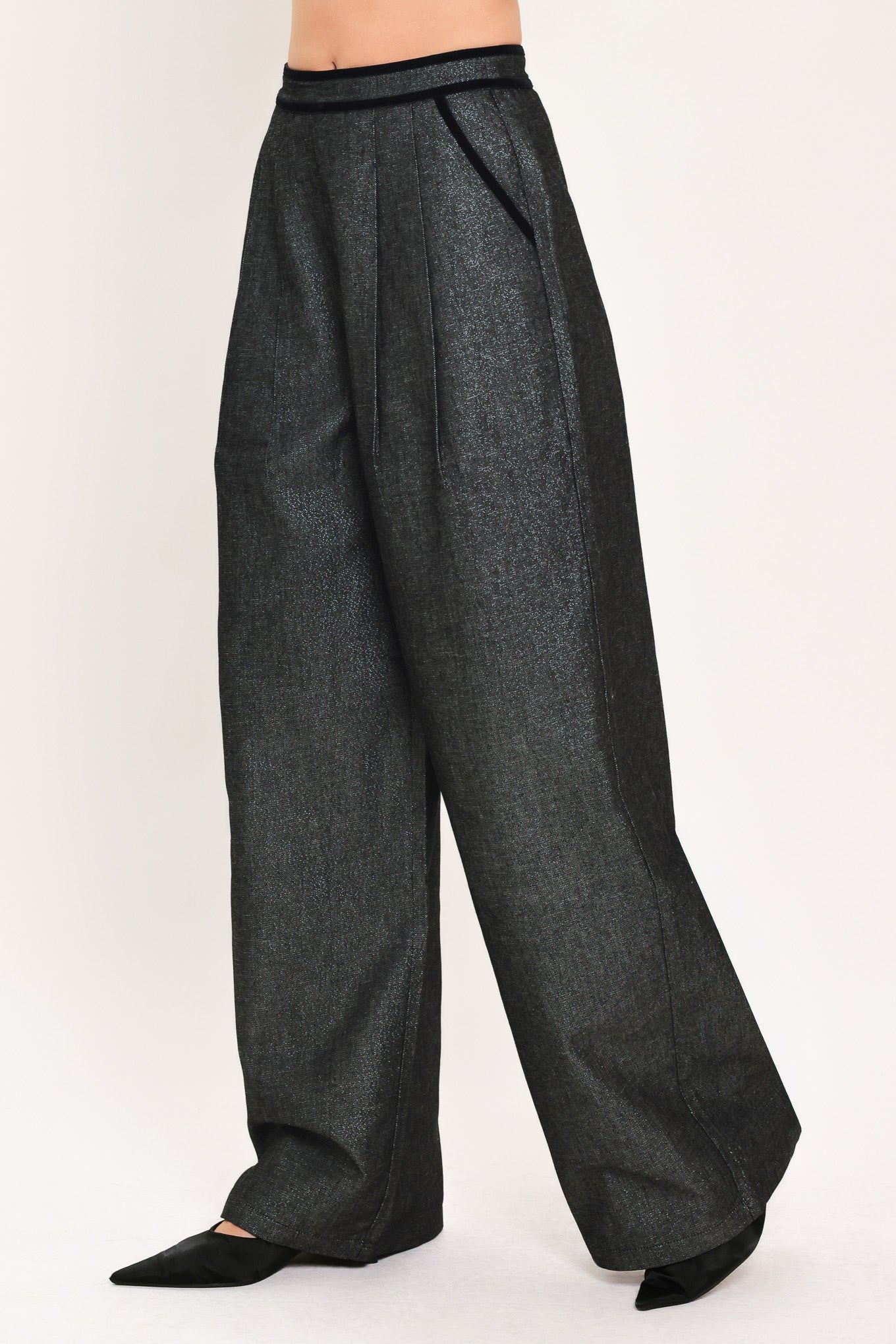 METALLIC HOURGLASS WOVEN WIDE LEG PANTS