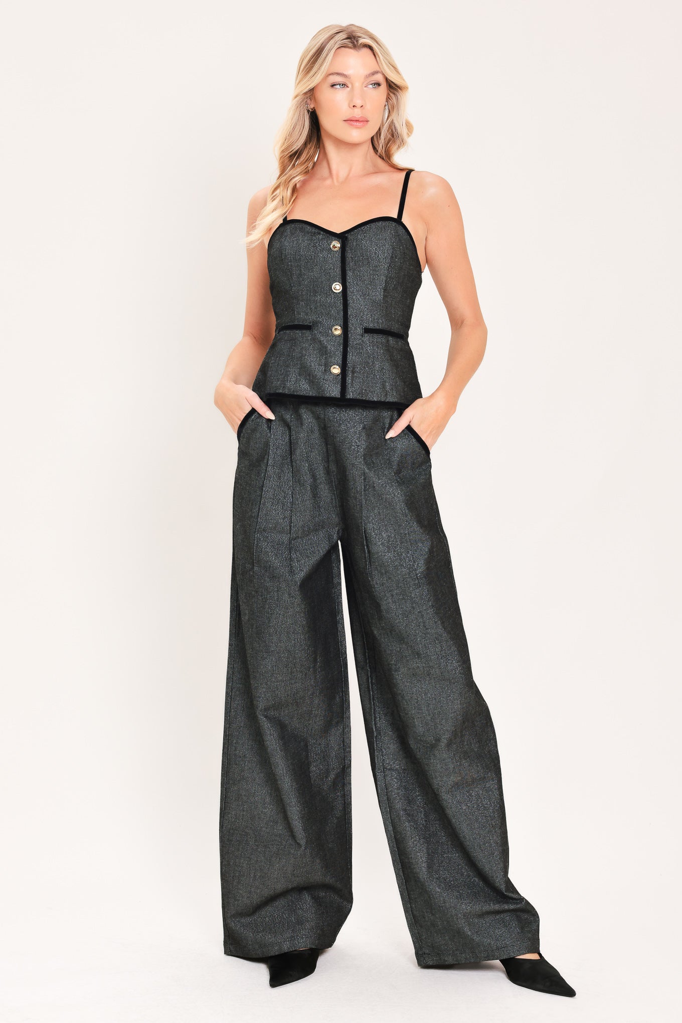 METALLIC HOURGLASS WOVEN WIDE LEG PANTS