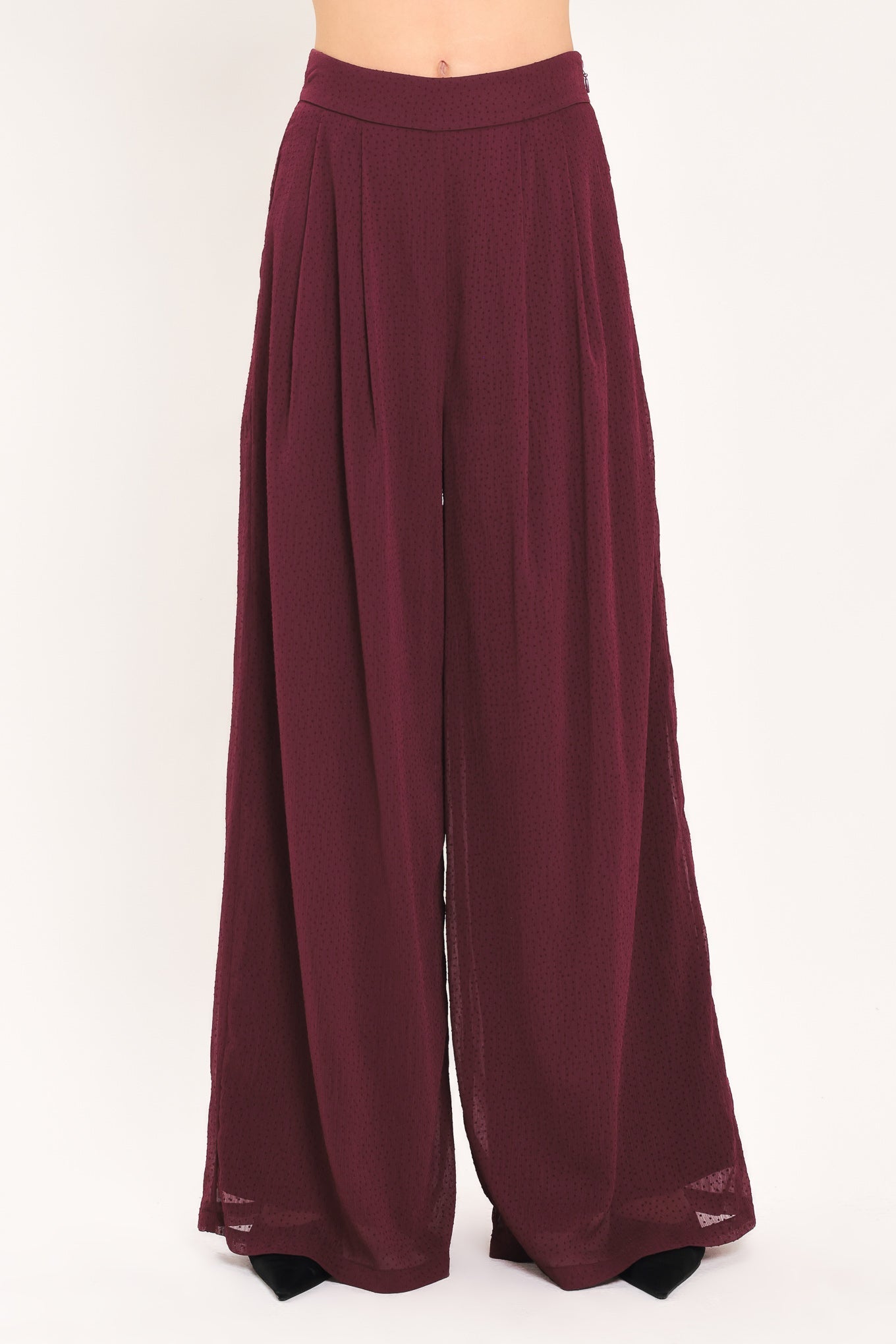 BORDEAUX SHEER DRAPE WOVEN WIDE LEG PANTS