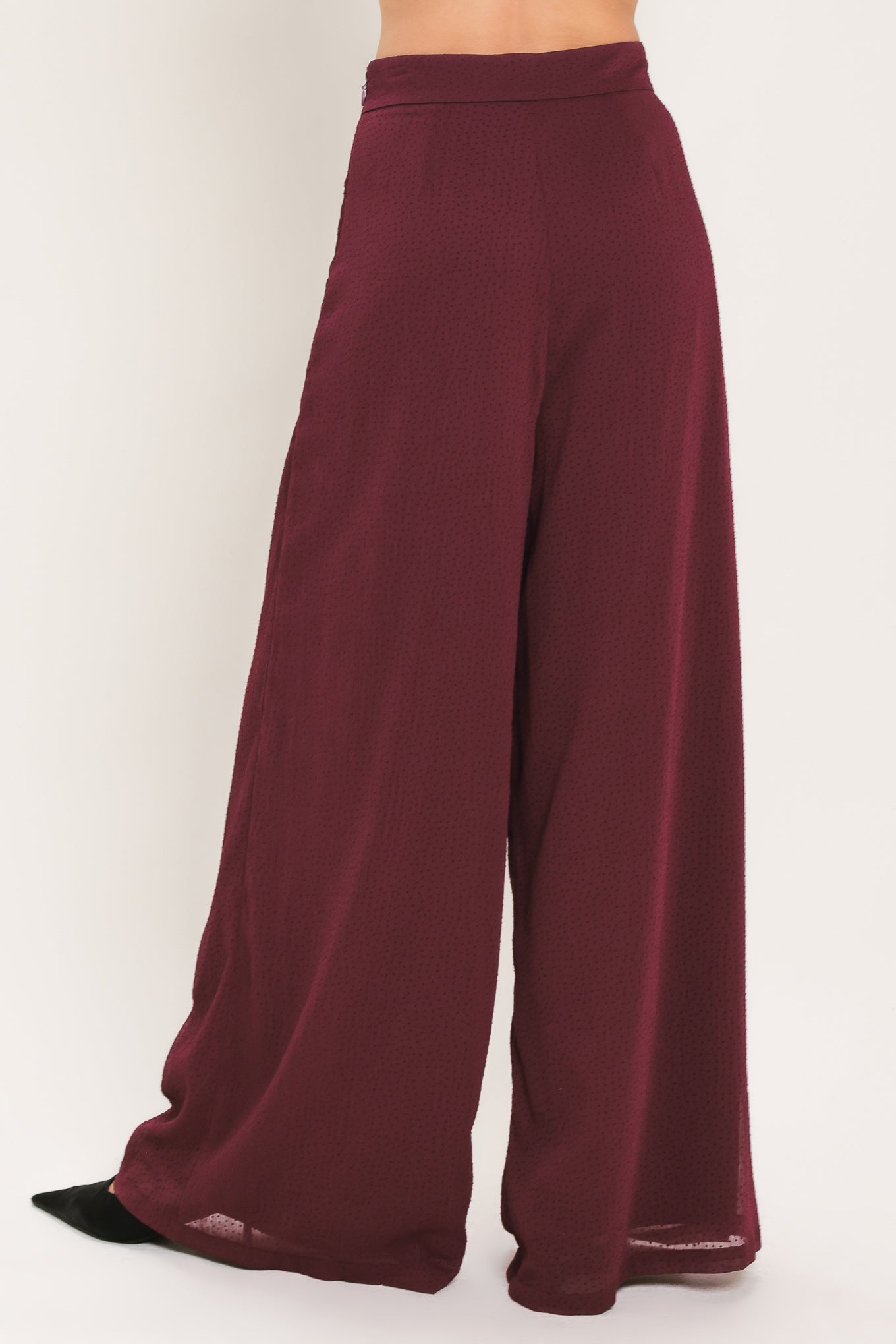 BORDEAUX SHEER DRAPE WOVEN WIDE LEG PANTS