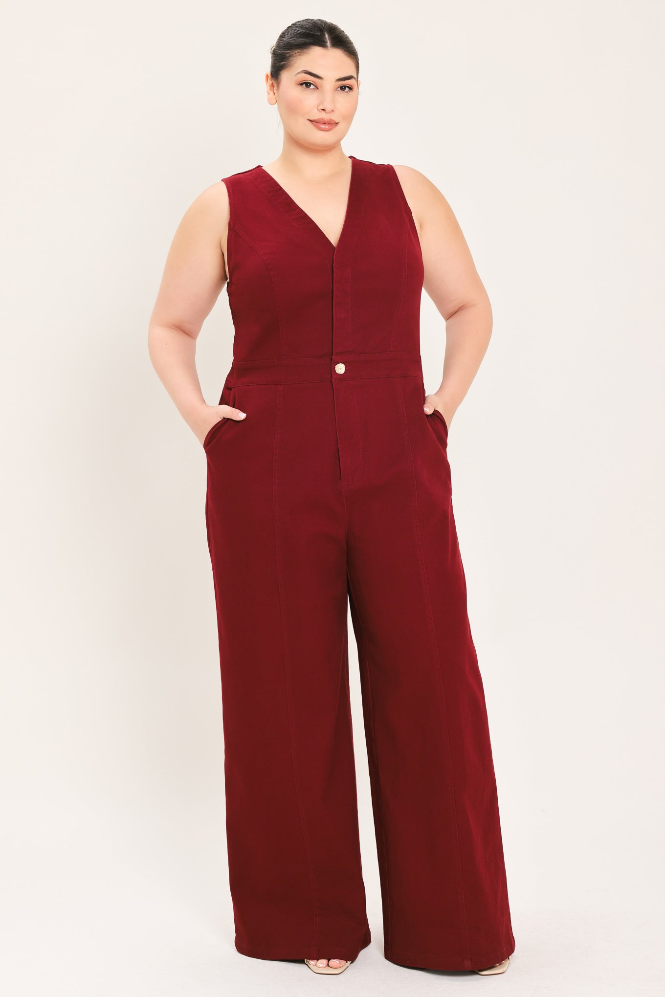 MERLOT CITY MUSE WOVEN TWILL JUMPSUIT