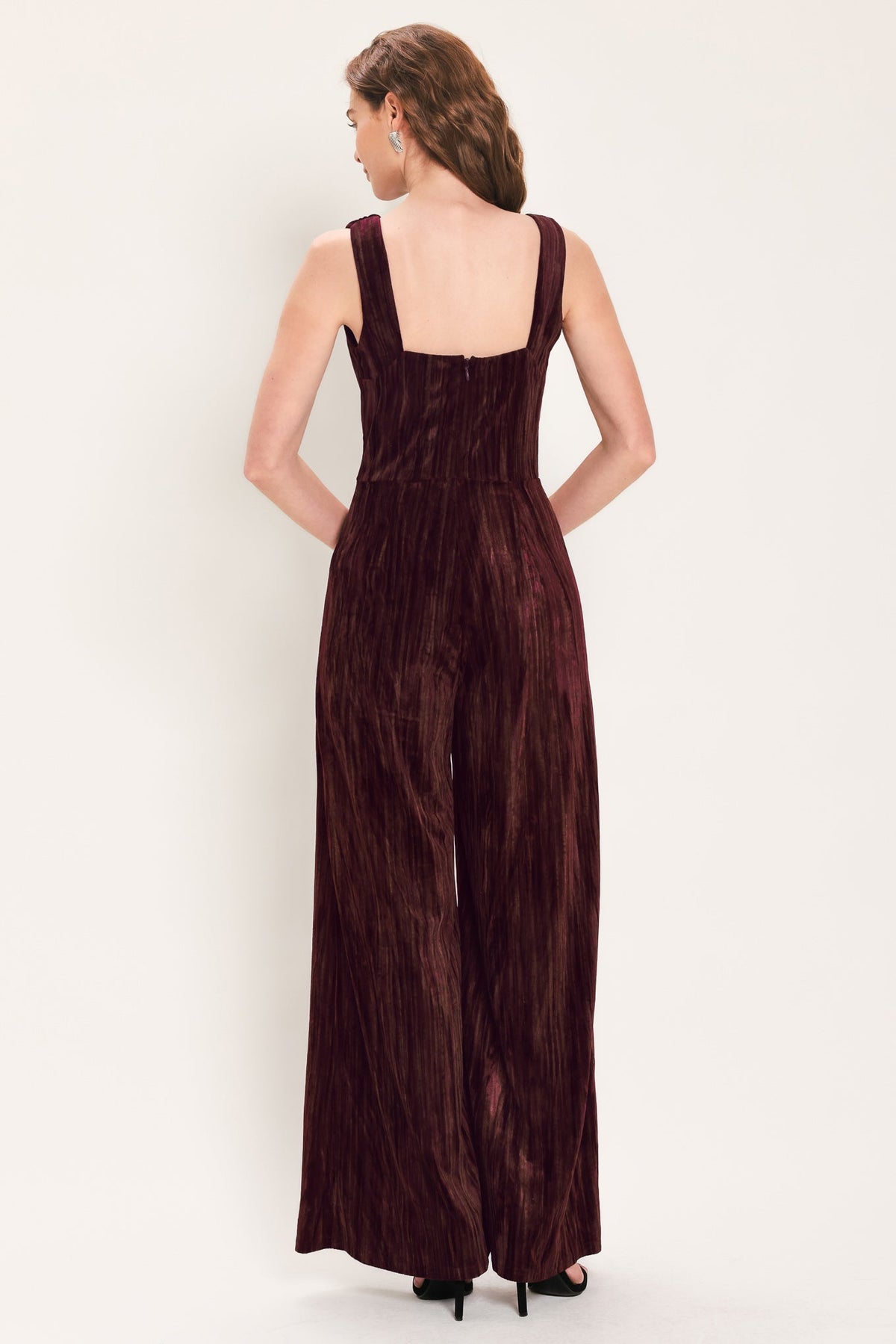BORDEAUX NIGHTS BURGUNDY TEXTURED VELVET WIDE-LEG JUMPSUIT - Flying Tomato - Flyclothing LLC