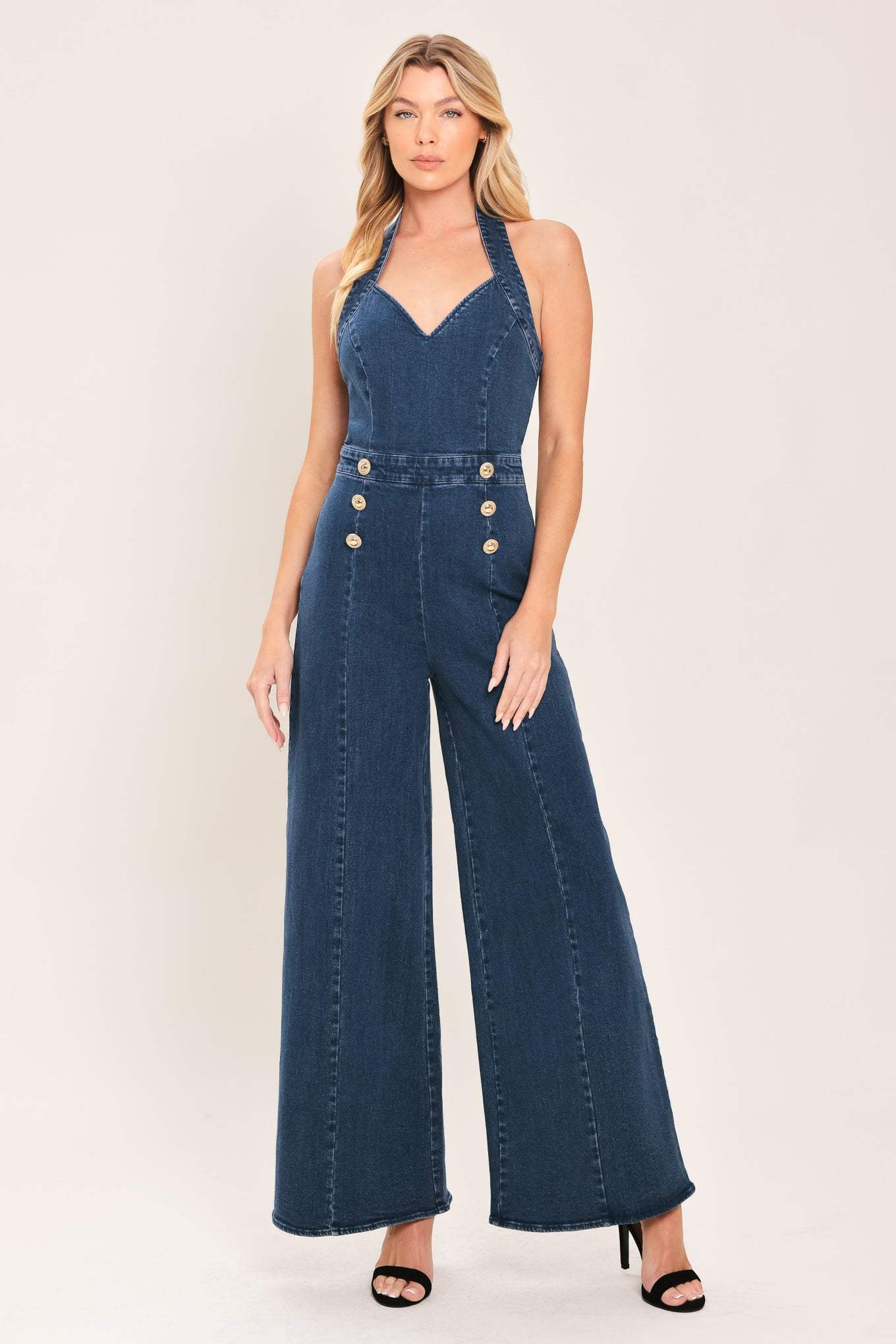BLUE JEAN HALTER DENIM JUMPSUIT