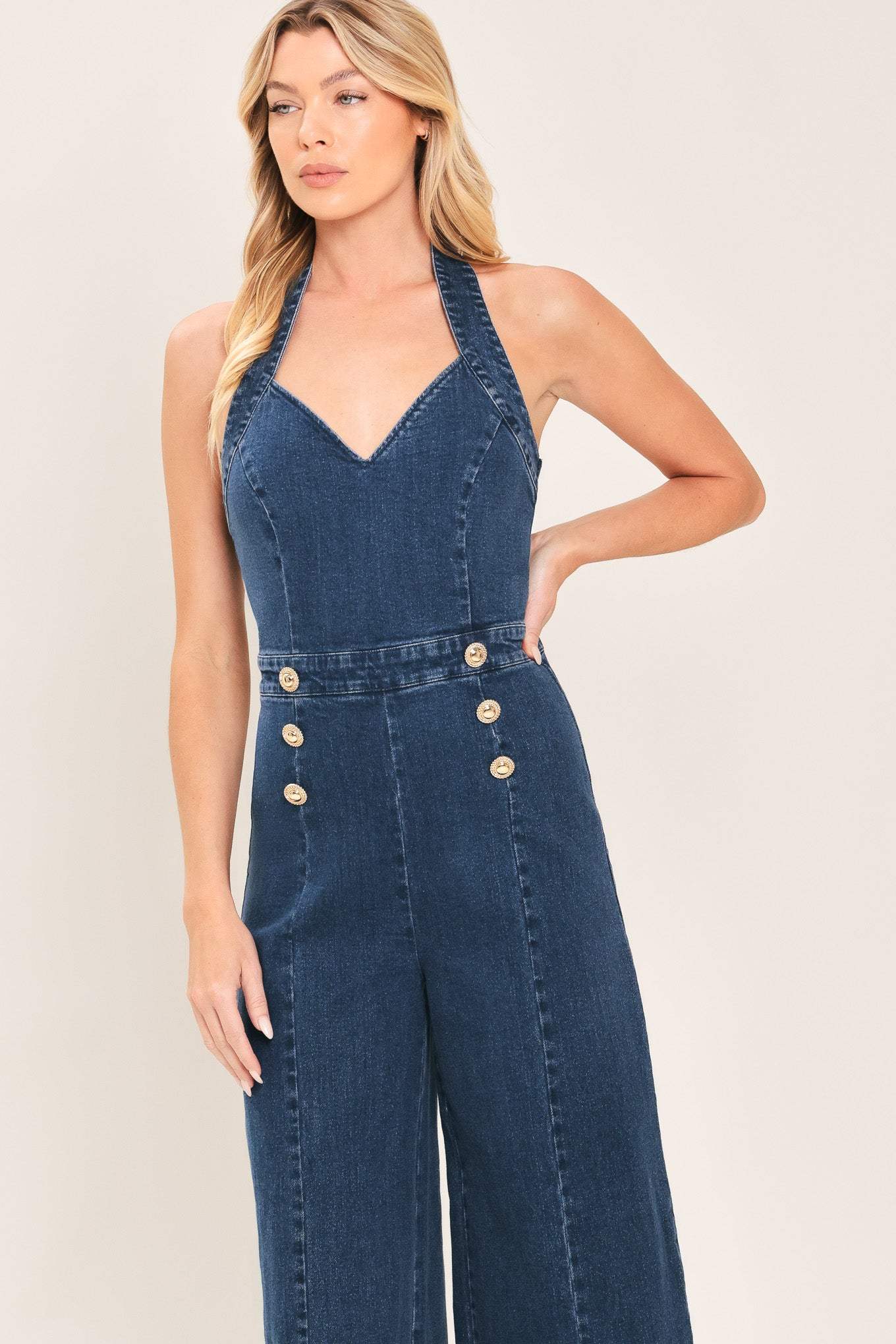 BLUE JEAN HALTER DENIM JUMPSUIT