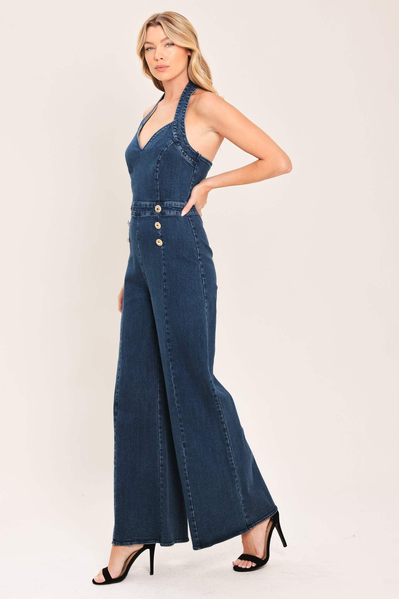 BLUE JEAN HALTER DENIM JUMPSUIT