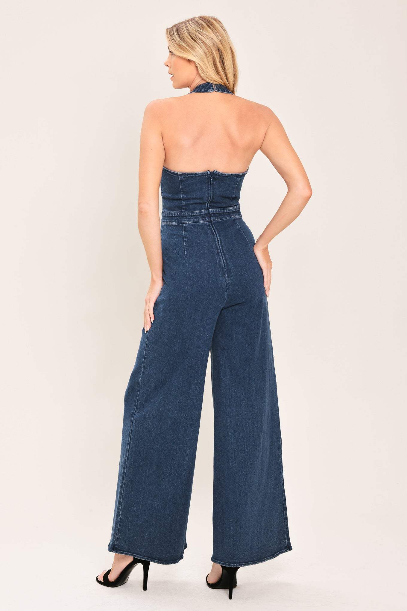 BLUE JEAN HALTER DENIM JUMPSUIT