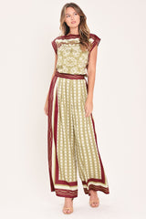 VINTAGE VINE BURGUNDY PRINTED WIDE-LEG PANTS