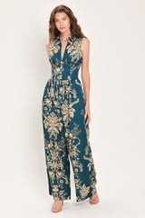 TEAL TAKEOVER PRINTED COLLARED WIDE-LEG JUMPSUIT - Flying Tomato - Flyclothing LLC