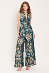 TEAL TAKEOVER PRINTED COLLARED WIDE-LEG JUMPSUIT - Flying Tomato - Flyclothing LLC