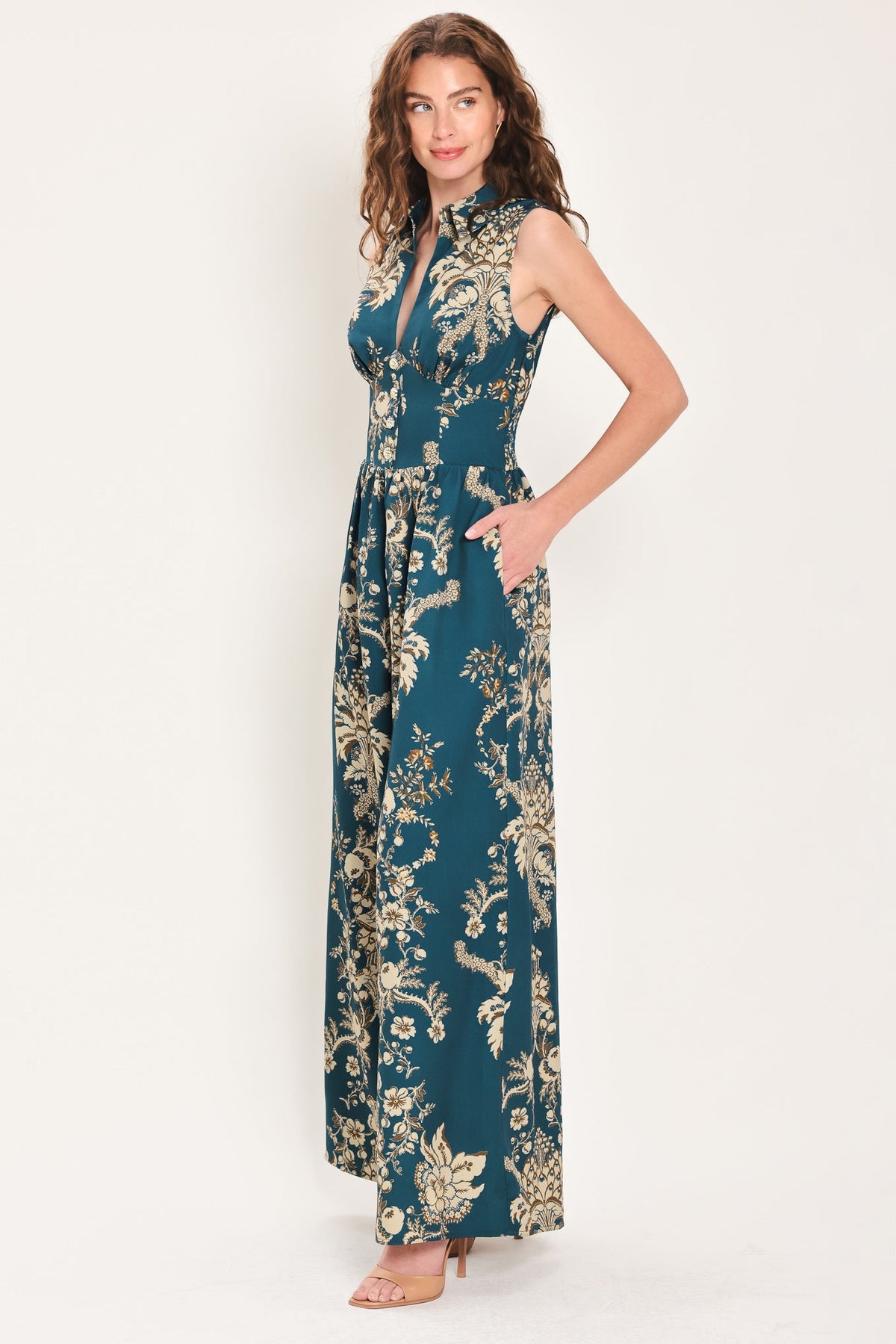 TEAL TAKEOVER PRINTED COLLARED WIDE-LEG JUMPSUIT - Flying Tomato - Flyclothing LLC