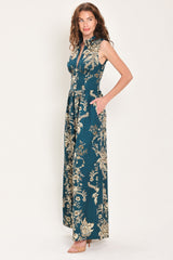 TEAL TAKEOVER PRINTED COLLARED WIDE-LEG JUMPSUIT - Flying Tomato - Flyclothing LLC