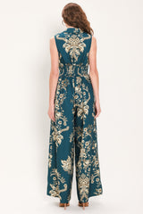 TEAL TAKEOVER PRINTED COLLARED WIDE-LEG JUMPSUIT - Flying Tomato - Flyclothing LLC