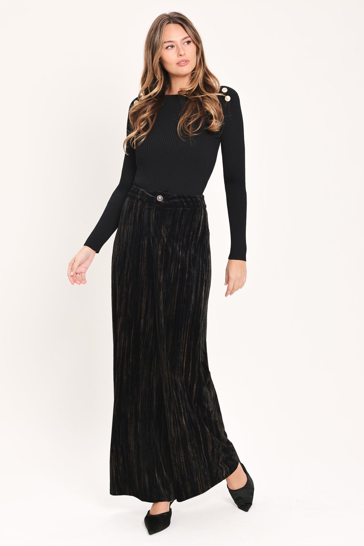 VELVET CURRENT BLACK TEXTURED WIDE-LEG PANTS - Flying Tomato - Flyclothing LLC