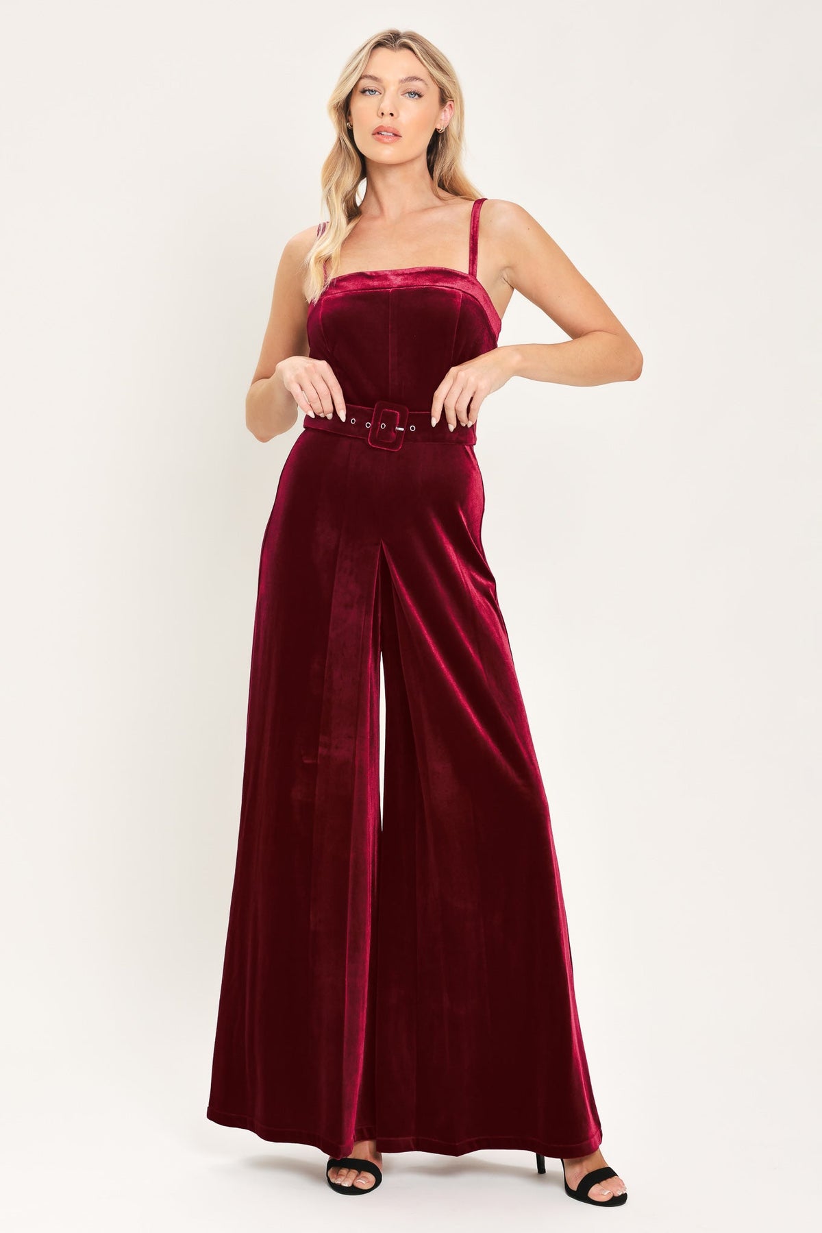 WINE AFTER DARK VELVET BELTED WIDE-LEG JUMPSUIT - Flying Tomato - Flyclothing LLC